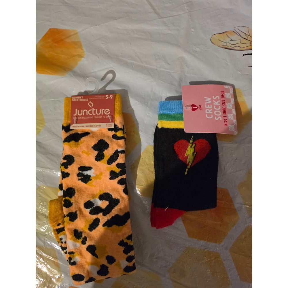 Juncture Leopard Knee High Socks & Heart Lightning Bolt Crew Socks Bundle NWT